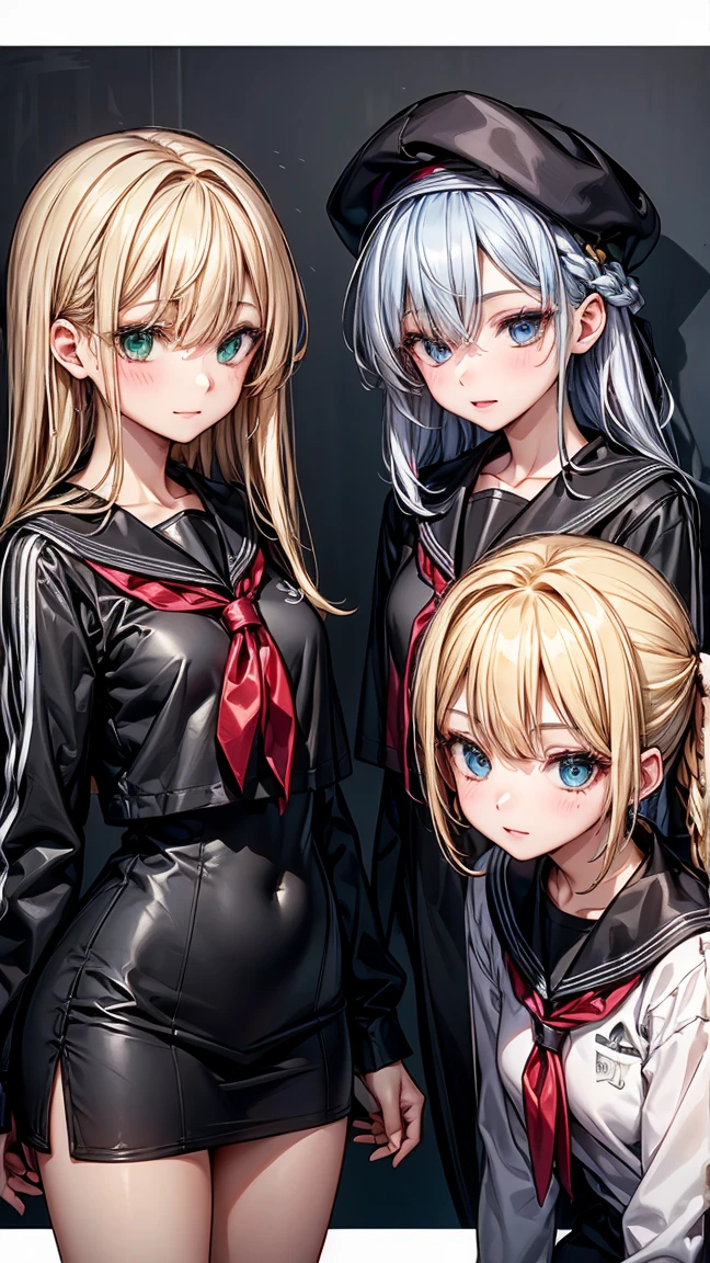 ((3 17 year old girls.)) 1 with yellow hair and green eyes, tanned body. 2 white hair and blue eyes, white body. 3 Red Hair And Red Eyes, with dark body. The 3 girls are standing. in  clothes. High School College Fund. 
Neg: wrong eye colors, disproportionate eyes, deformed faces, wrong hair colors, facial distortions, cross eyed, misaligned eyes, pixelated hair, incorrect facial proportions, ill-fitting clothes, poor lighting, low quality