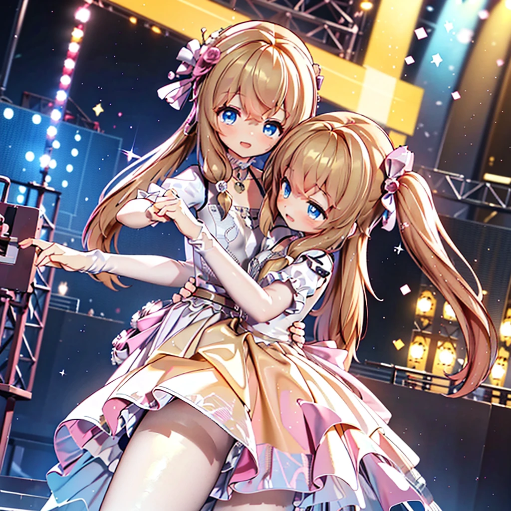 masterpiece, best quality, CG wallpaper, 8k, solo girl, cute, petite, Blue eyes, brown twin tail, (yellow dress), open mouth smile, look far aways, dance at the stage, neon and led lights, profile, side view
