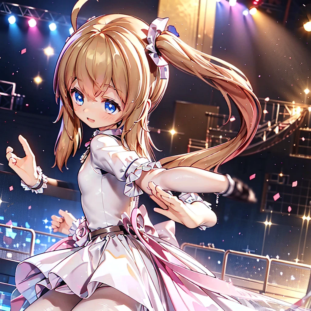 masterpiece, best quality, CG wallpaper, 8k, solo girl, cute, petite, Blue eyes, brown twin tail, (yellow dress), open mouth smile, look far aways, dance at the stage, neon and led lights, profile, side view
