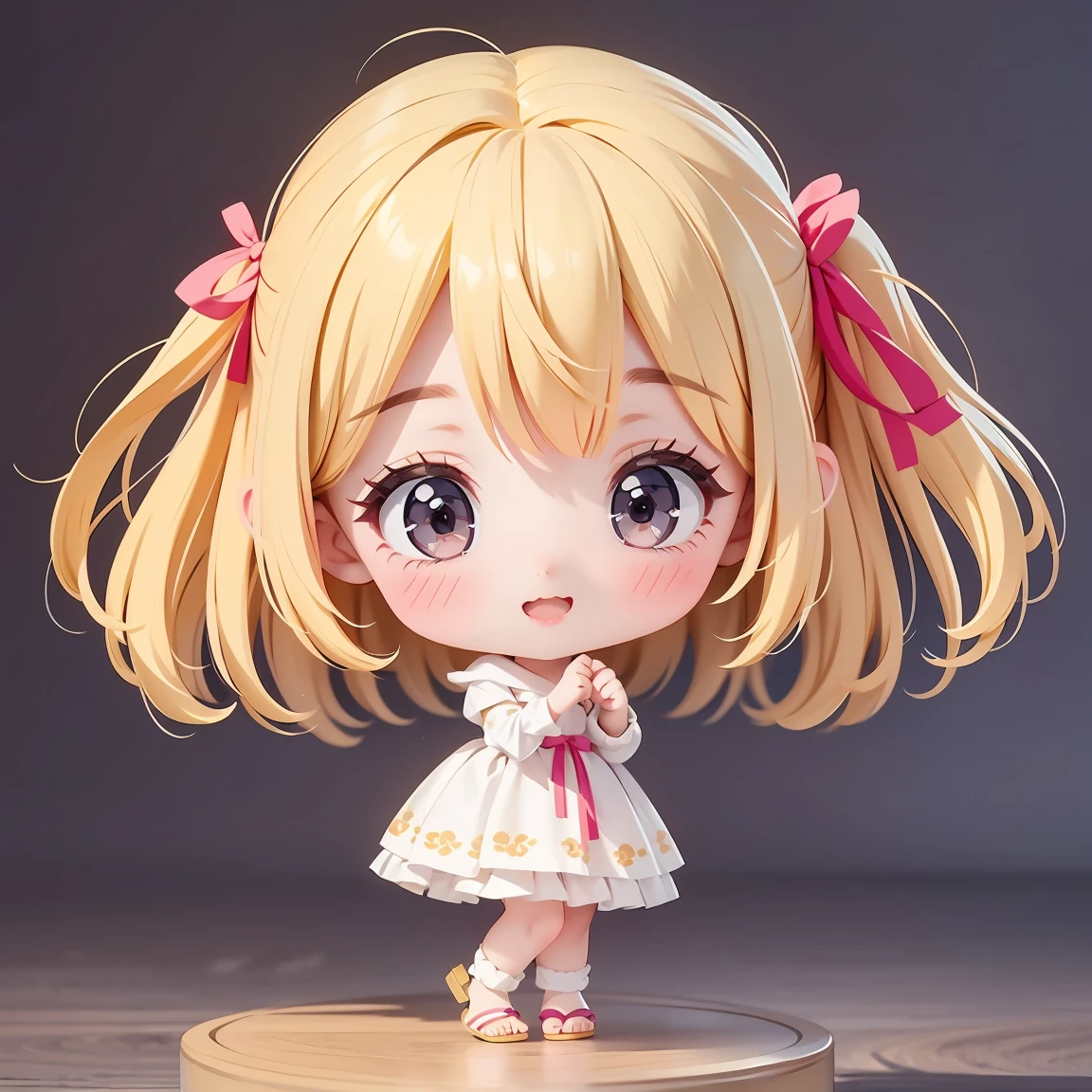  Super Chibi Character：1.8、wearing cute sandals、background：Simple all over、Blonde Hair、Cute 7 year old girl、Random cute outfits、Short legs、Sandals with ribbon、Dancing happily、Dancing happily