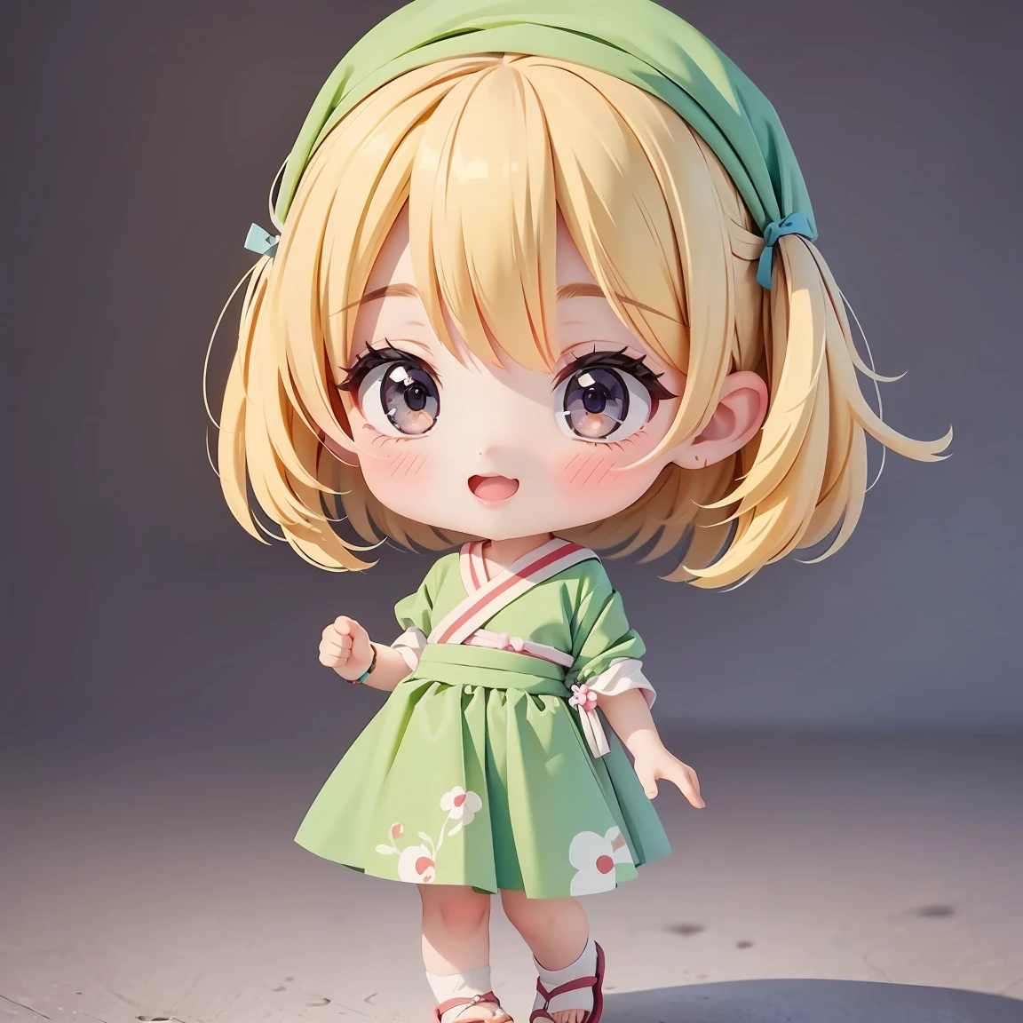  Super Chibi Character：1.8、wearing cute sandals、background：Simple all over、Blonde Hair、Cute 7  girl、Random cute outfits、Short legs、Sandals with ribbon、Dancing happily、Dancing happily