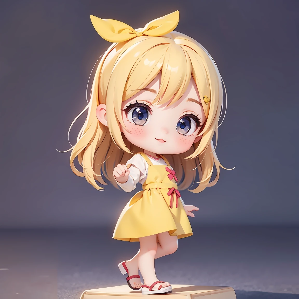 Super Chibi Character:1.8、wearing cute sandals、background:Simple all over、Blonde Hair、Cute 7 year old girl、Random cute outfits、Short legs、Sandals with ribbon、Dancing happily、Dancing happily