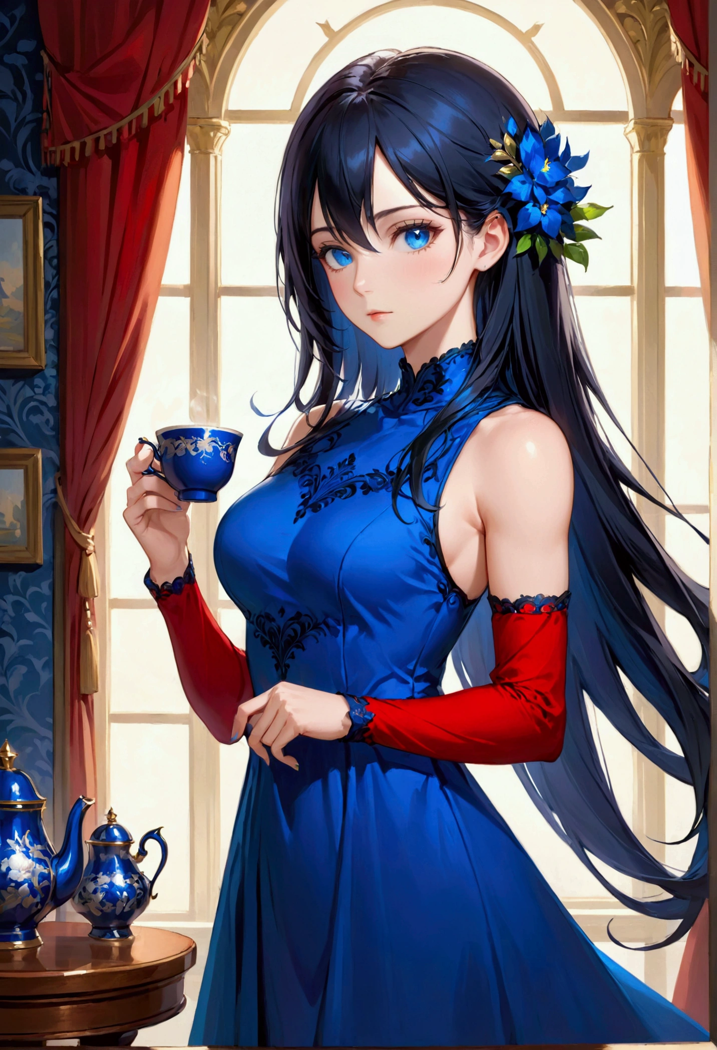 Adult female,long black hair with inner blue hair, blue eyes,athletic body, elegant dress, noble lady, drinking tea