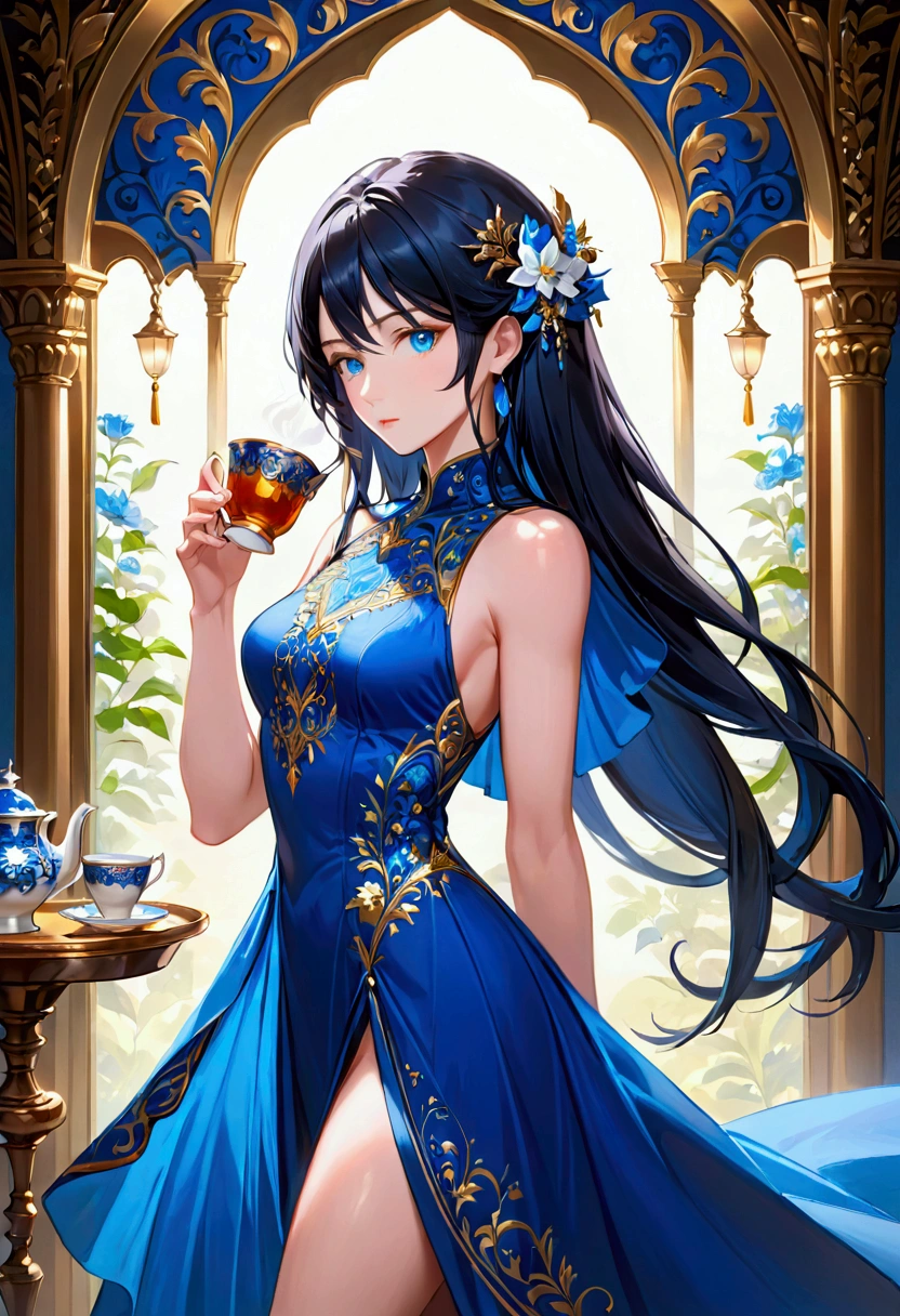 Adult female,long black hair with inner blue hair, blue eyes,athletic body, elegant dress, noble lady, drinking tea