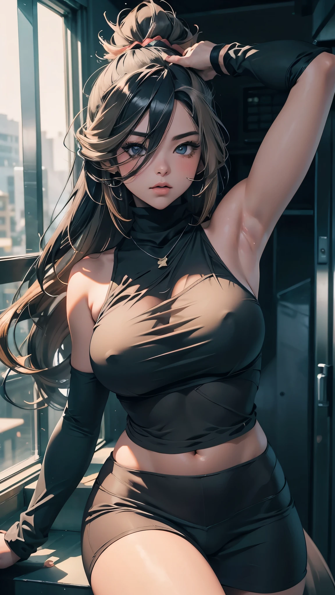 A unique illustrated character with a manga style, featuring long, straight hair in a blend of gray and light brown tones. Her large, expressive eyes are a striking blue, while her nose and plump lips add to her charm. She is wearing a navy tank top that accentuates her figure, giving her a confident and alluring presence.
