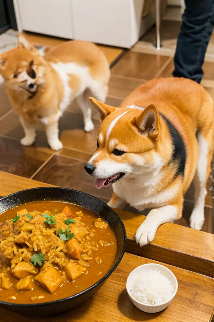 A small Shiba Inu eating curry rice