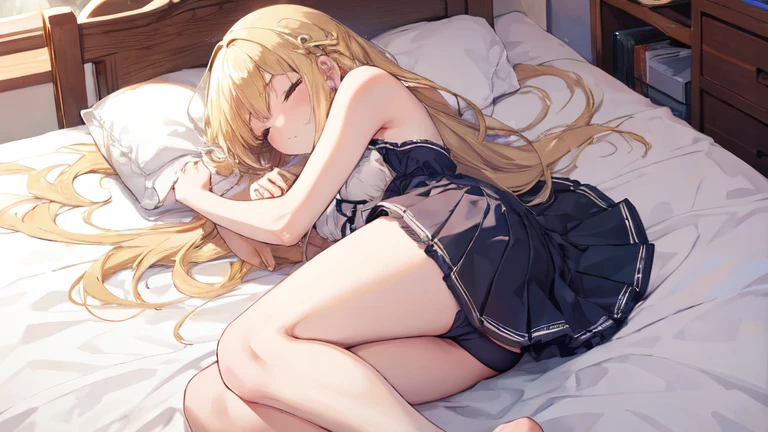 super high quality, Super detailed, Ultra-clear, one person, long blonde hair, sleep, Swimsuit, Clothes with intricate details, mini skirt, Stockings