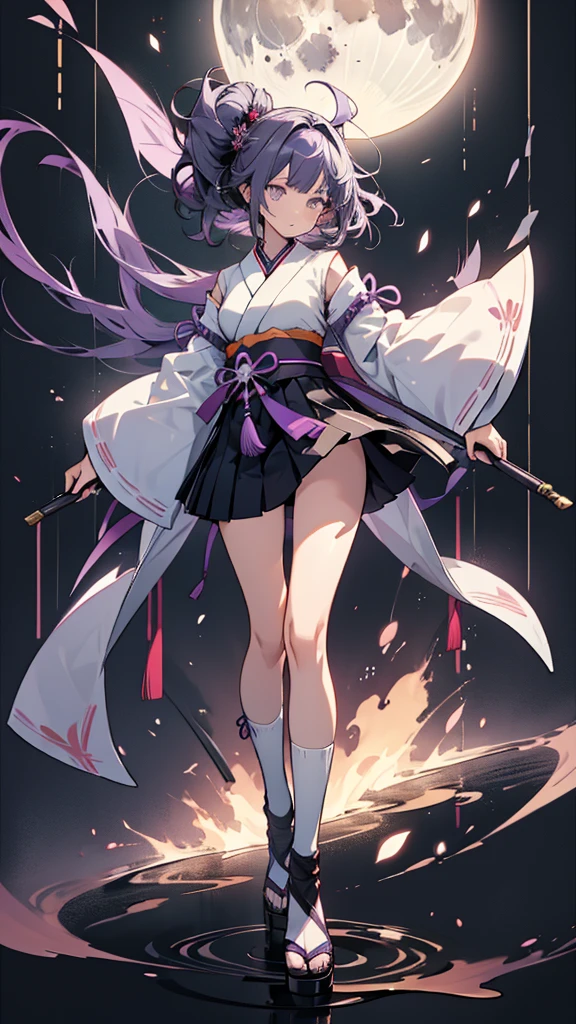skinny girl, ultra high definition, very detailed, shuriken, shot, bundled hair, whole body, traditional Japanese outfit, short skirt, 23 years old, background with moon visible, Cheng'an, two tone hair (black, light purple)