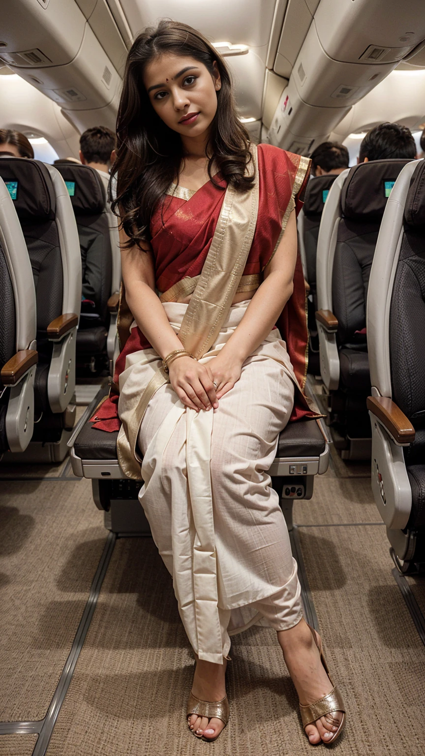 a beautiful woman wearing (saree:1) in plane, (full body:1), (sitting on seat:1.4), different positions, different poses,