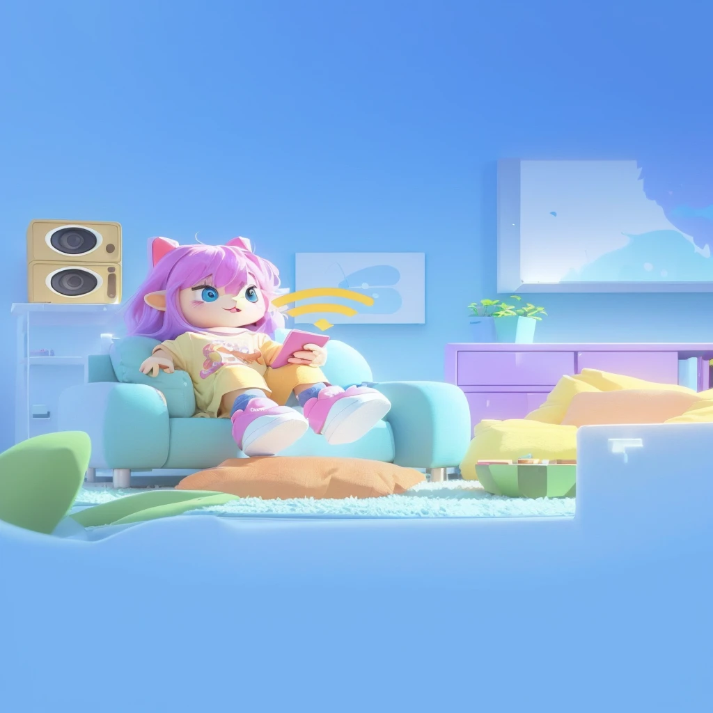 A cartoon character is sitting on the sofa in the room, Lo-Fi Girl, Cute 3d rendering, Animation style rendering, Kawaii HD Rendering, 8K cartoon illustration, 3d illustration, 3d illustration, Lofi art style, Animation illustration style