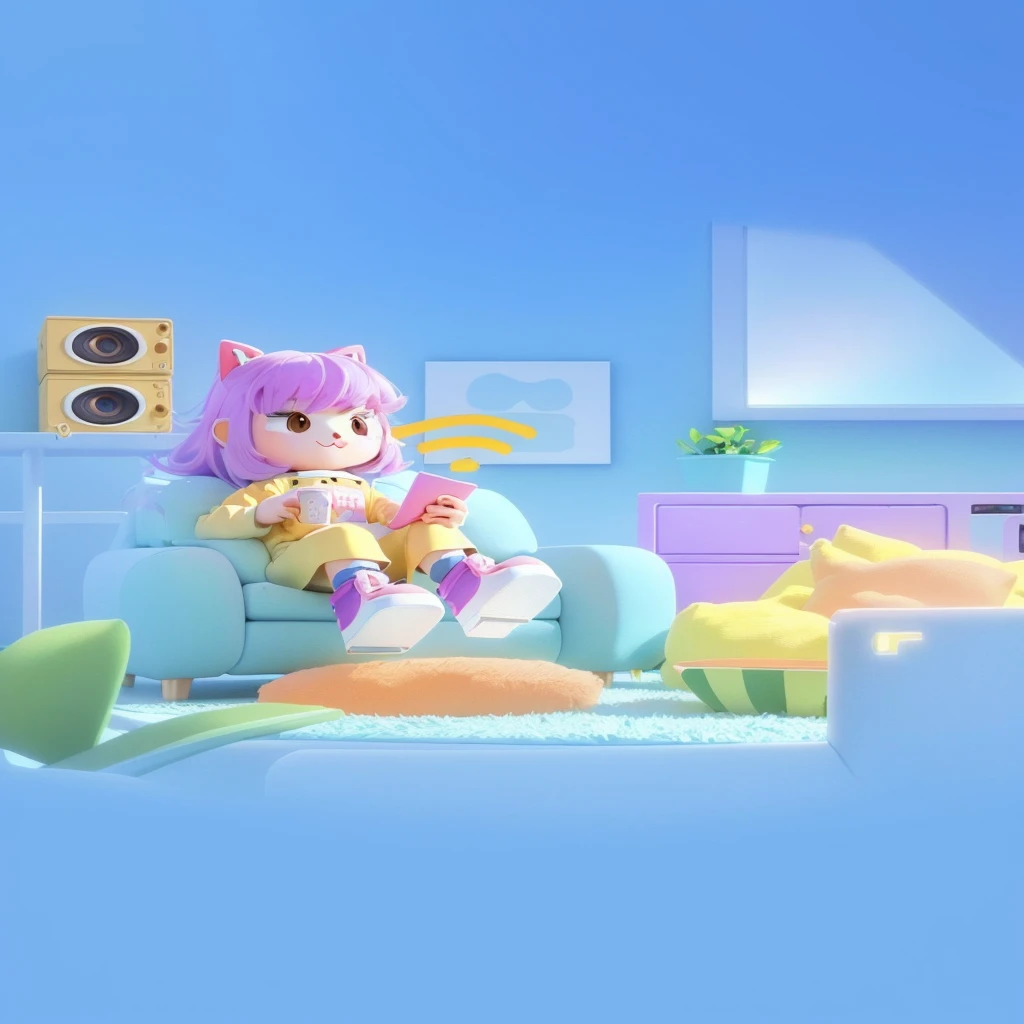 A cartoon character is sitting on the sofa in the room, Lo-Fi Girl, Cute 3d rendering, Animation style rendering, Kawaii HD Rendering, 8K cartoon illustration, 3d illustration, 3d illustration, Lofi art style, Animation illustration style