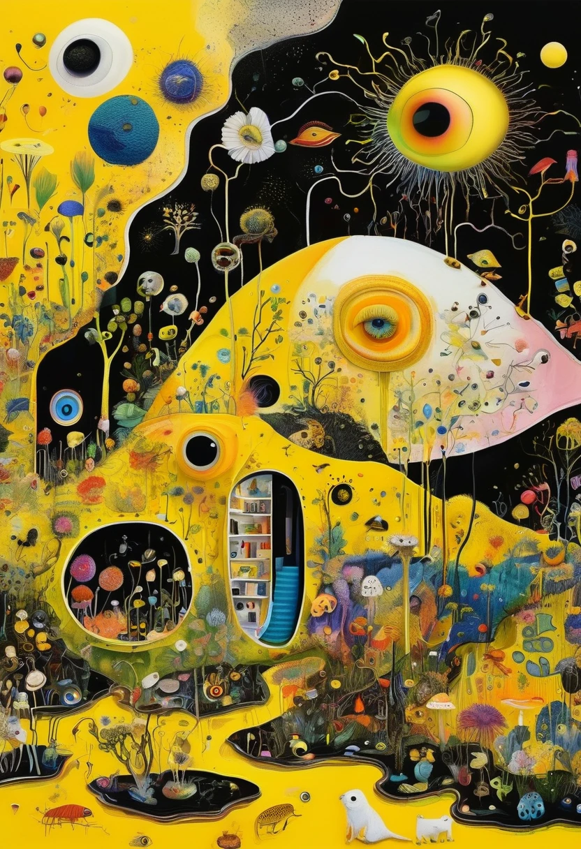 Intense visual fusion of various elements,broto,microorganism、plantar、house、Eye、wild animal life,Stitching an abstract painting,Describing the inner world of autistic people,Sense of space,blank space,interesting,innocence,psychedelic art,yellow and black,3d