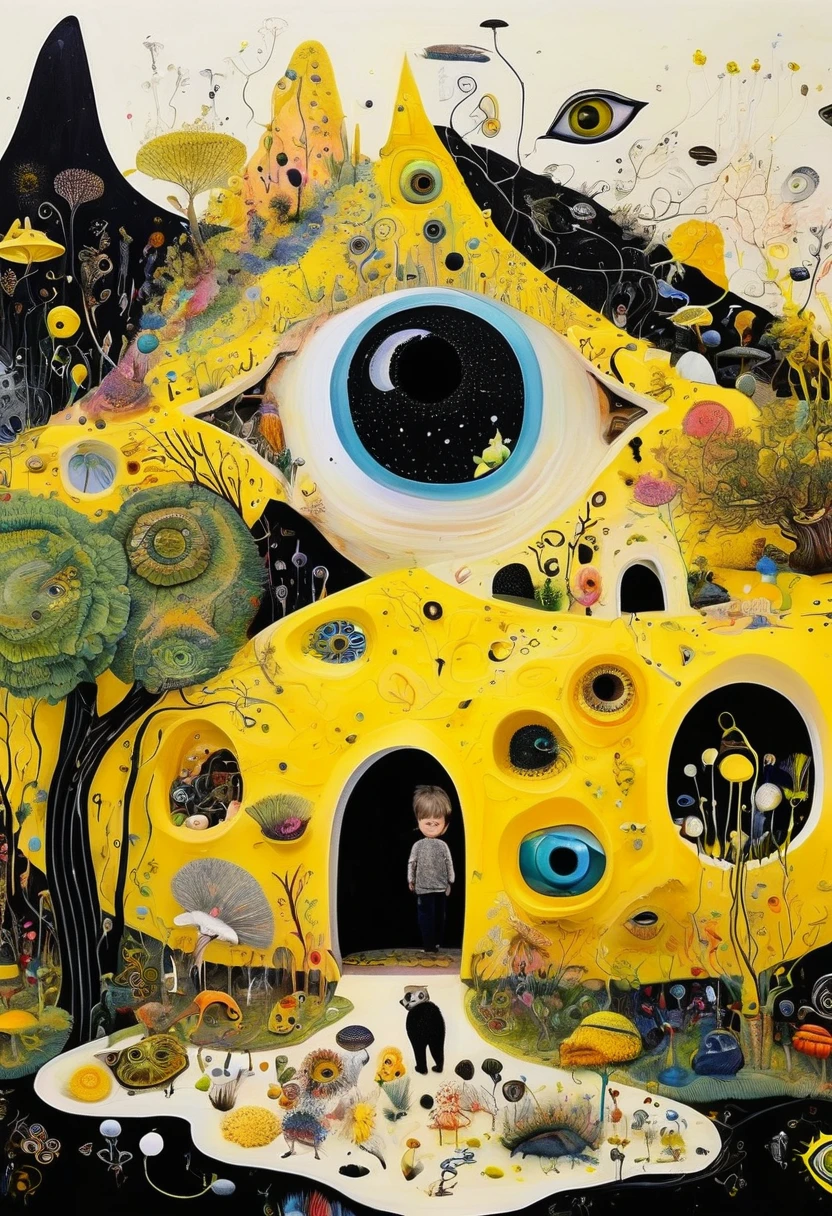 Intense visual fusion of various elements,broto,microorganism、plantar、house、Eye、wild animal life,Stitching an abstract painting,Describing the inner world of autistic people,Sense of space,blank space,interesting,innocence,psychedelic art,yellow and black,3d
