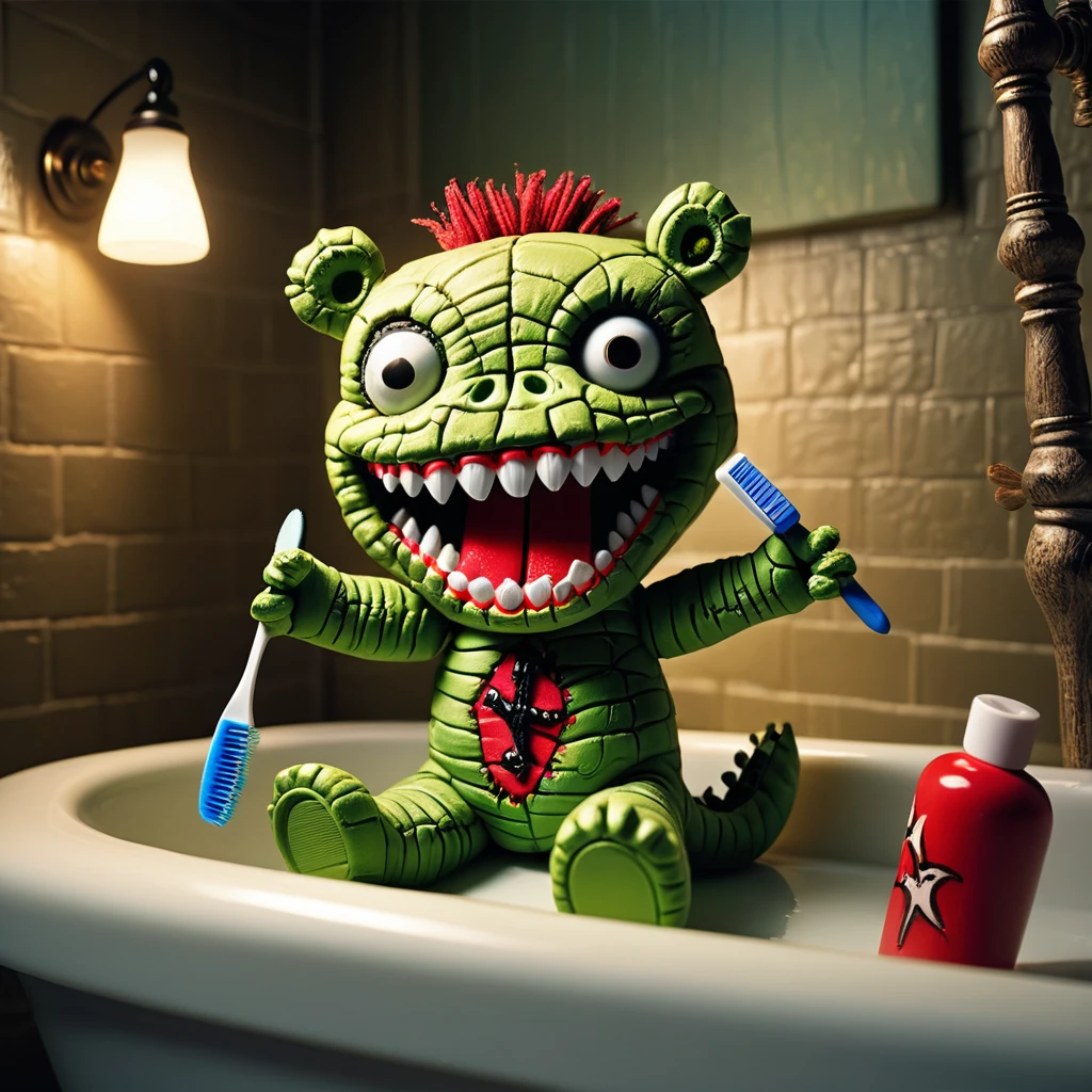 (knitted toy voodoo doll:1.7), (Voodoo Crocodile Brushing Teeth with Sinister Toothbrush:1.3), (Clothing: frayed pajamas with ominous designs:1.0), (Accessories: enchanted toothbrush, glowing cursed toothpaste:1.2), (background: creepy bathroom with floating, glowing eerie foam and shadows:1.2), best quality, masterpiece, detailed soft oil painting, detailed background, dramatic cinematic lighting, soft edge lighting, professional, dramatic lighting, hard edge lighting, ultra quality, 4k,masterpiece, best quality, 8k, ultra highres, highres, extremely detailed