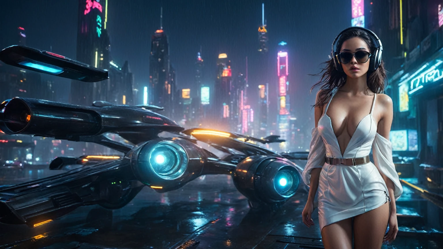 (aerial view, a flying cars docking platform, a very dark abandoned futuristic city, neon lights), rainy night. 1girl, solo, alone, large-breast:1.2 slim body, cleavage:1.1, sexy wind blowing wet dress:1.4, (headphone, black sunglasses), (((((she raised:1.8 a pistol:1.8 and took aim at viewer))))), dynamic pose, (((half-body thigh level medium shot))), cinematic lighting, lens flare, ray tracing.