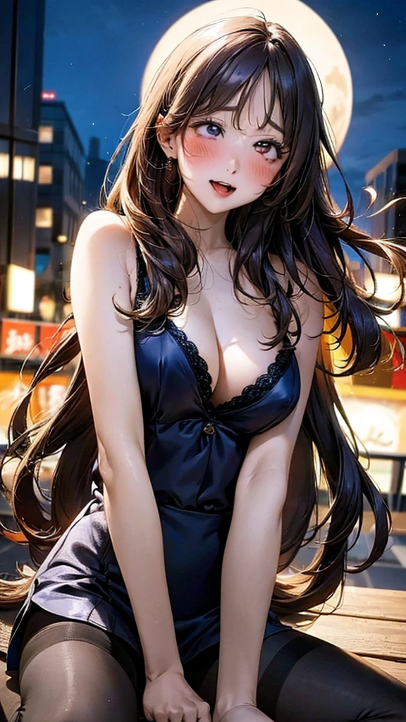 Colorful Bras,Sexy pose,Shooting from below:1.5,Masterpiece,quality,High resolution,高quality,Realistic,Long Hair,pantyhose:1.5,Spread your legs:1.5,Embarrassed face,Crowd in the background:1.5,midnight,full moon,Forehead,blush