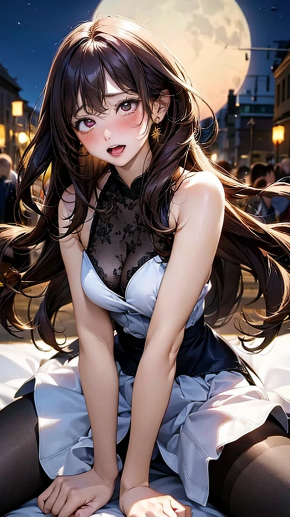 Colorful Bras,Sexy pose,Shooting from below:1.5,Masterpiece,quality,High resolution,高quality,Realistic,Long Hair,pantyhose:1.5,Spread your legs:1.5,Embarrassed face,Crowd in the background:1.5,midnight,full moon,Forehead,blush