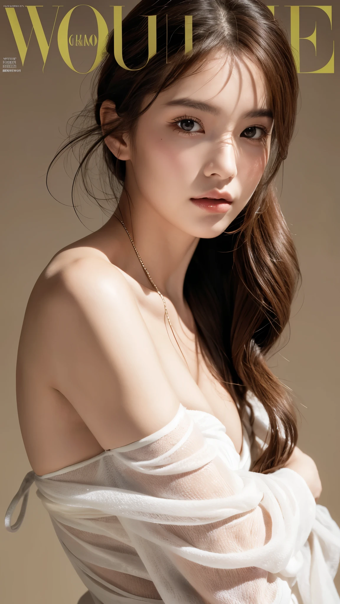 fashion photoshoot: 1 woman,soft light,rim light,beautiful,realistic,RAW photos,natural skin texture,realistic 눈과 얼굴 디테일,surrealism,ultra high resolution,4K,best quality,masterpiece,Fashion Magazines,vogue magazine,g-cup,Quirky Fashion,magazine cover,cowboy_launch,touch one's chest,크기가 big_i know it well,femur_gap,floating_hair,hair_blowing,shining_skin,big_femur,Thick_femur,Wearing only an open blazer,underwear