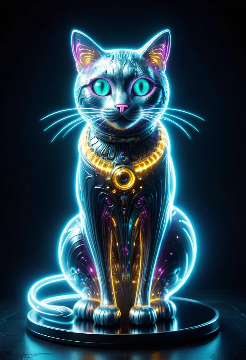 (Mechanical cat:1.5), (Mythical Machinery), (Mechanobiology), ethereal, phantom, transparent, bioluminescence, Divine Light, fluorescence, charming, mysterious, bright colors, Detailed details, lifelike, Epic technological fantasy, epic surrealism, Epic future fantasy, bright colors,