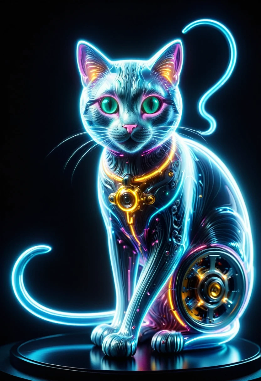 (Mechanical cat:1.5), (Mythical Machinery), (Mechanobiology), ethereal, phantom, transparent, bioluminescence, Divine Light, fluorescence, charming, mysterious, bright colors, Detailed details, lifelike, Epic technological fantasy, epic surrealism, Epic future fantasy, bright colors,