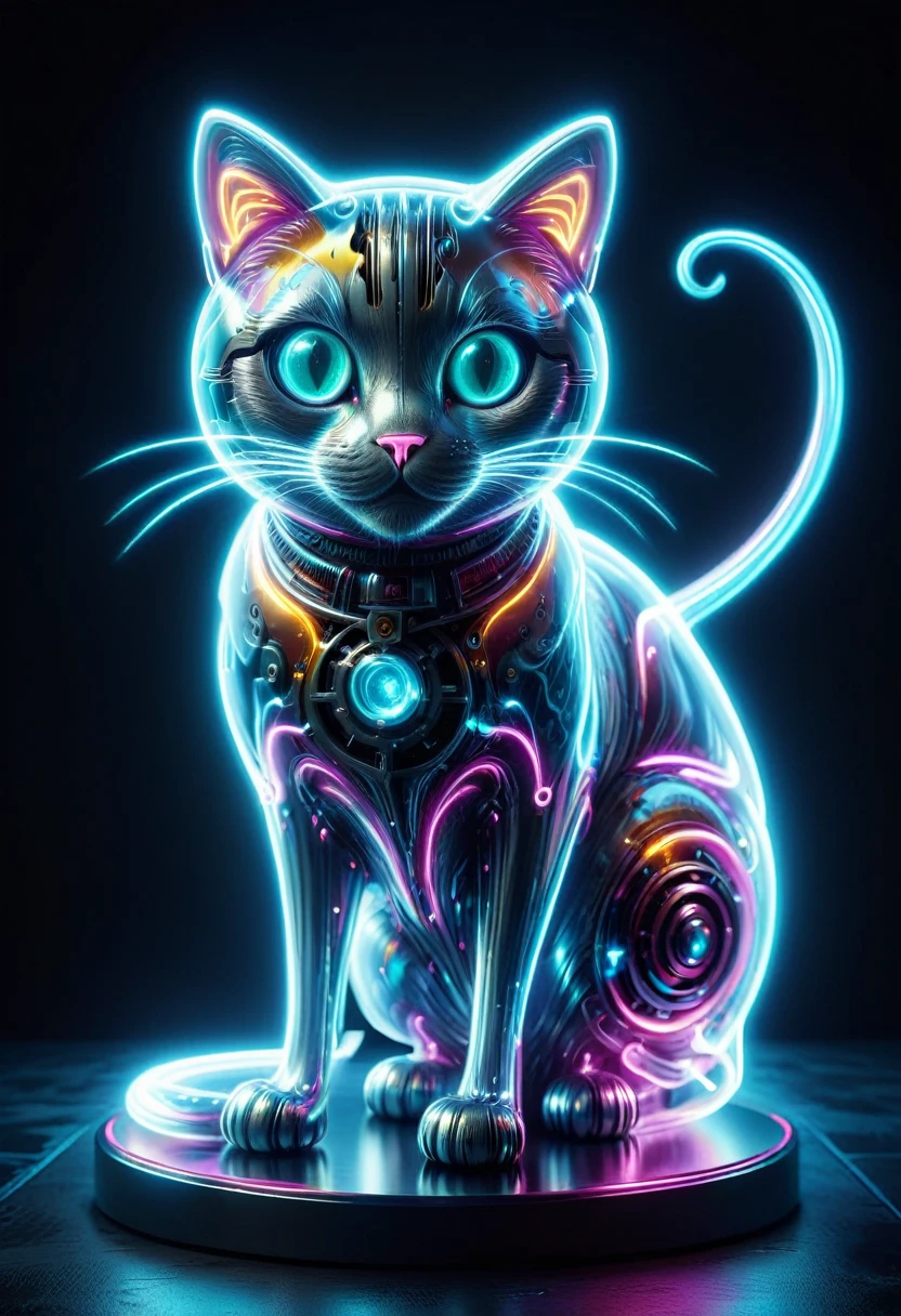 (Mechanical cat:1.5), (Mythical Machinery), (Mechanobiology), ethereal, phantom, transparent, bioluminescence, Divine Light, fluorescence, charming, mysterious, bright colors, Detailed details, lifelike, Epic technological fantasy, epic surrealism, Epic future fantasy, bright colors,