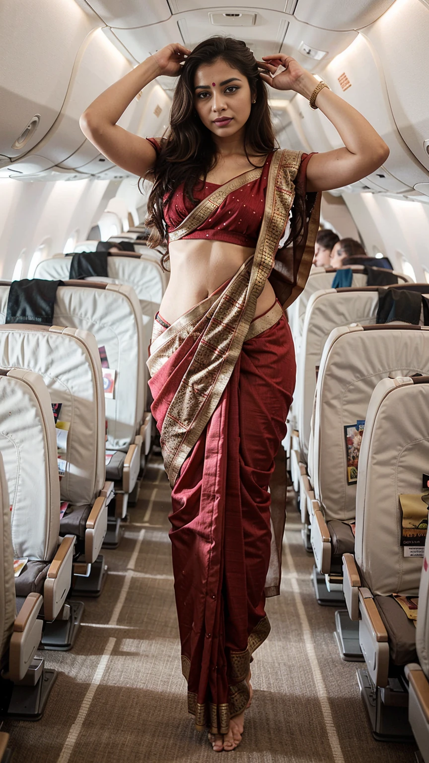 a beautiful woman wearing (saree:1) in plane, (full body:1), different positions, different poses,