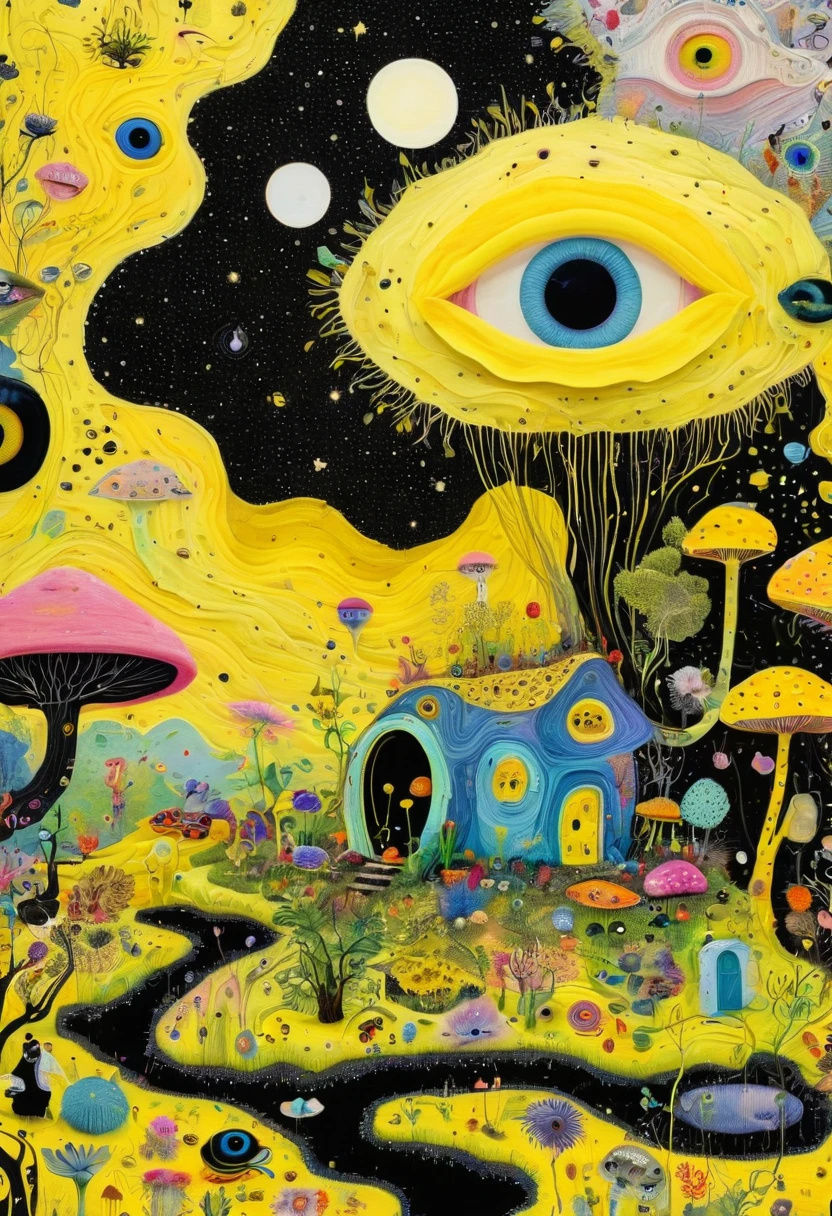 Intense visual fusion of various elements,broto,microorganism、plantar、house、Eye、wild animal life,Stitching an abstract painting,Describing the inner world of autistic people,Sense of space,blank space,interesting,innocence,psychedelic art,yellow and black,3d