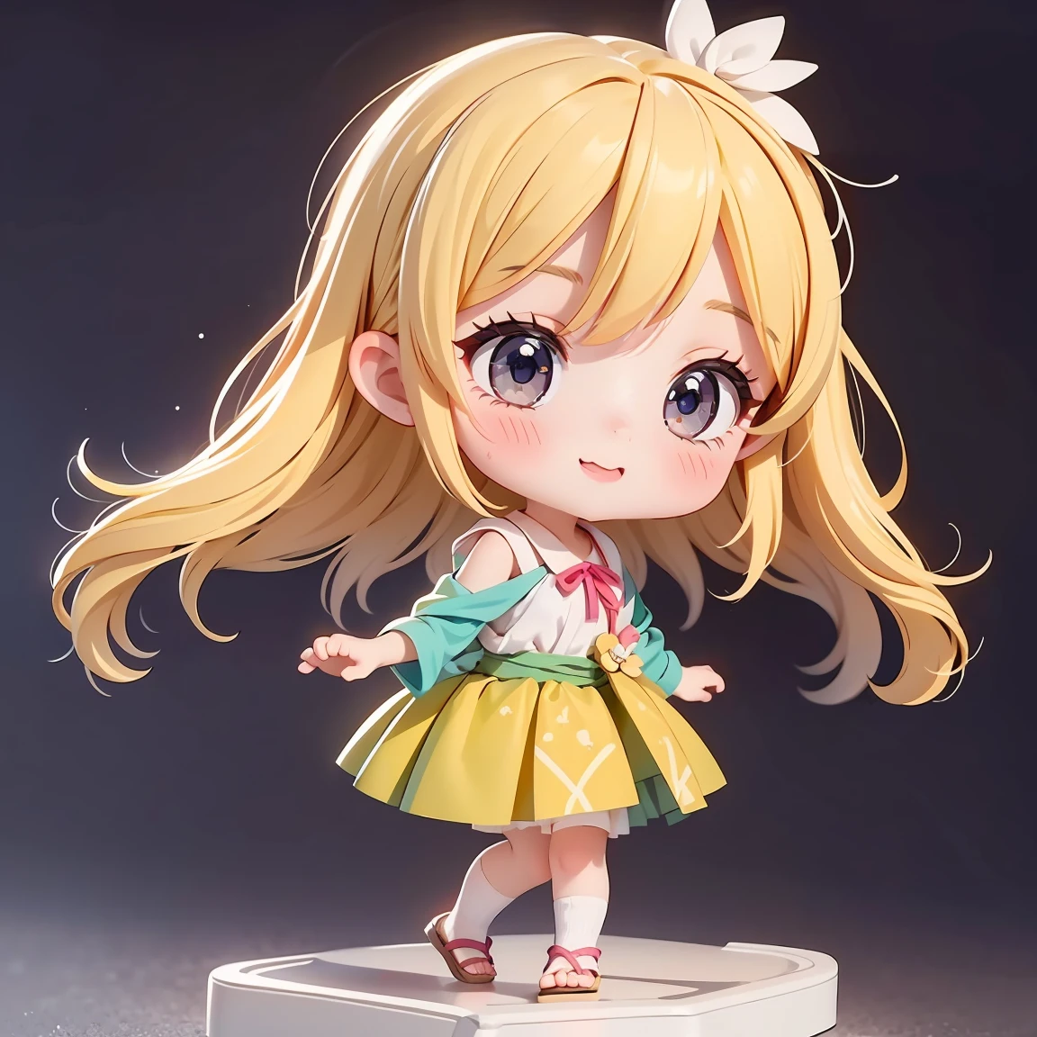 Super Chibi Character:1.8、wearing cute sandals、background:Simple all over、Blonde Hair、Cute 7 year old girl、Random cute outfits、Short legs、Sandals with ribbon、Dancing happily、Dancing happily