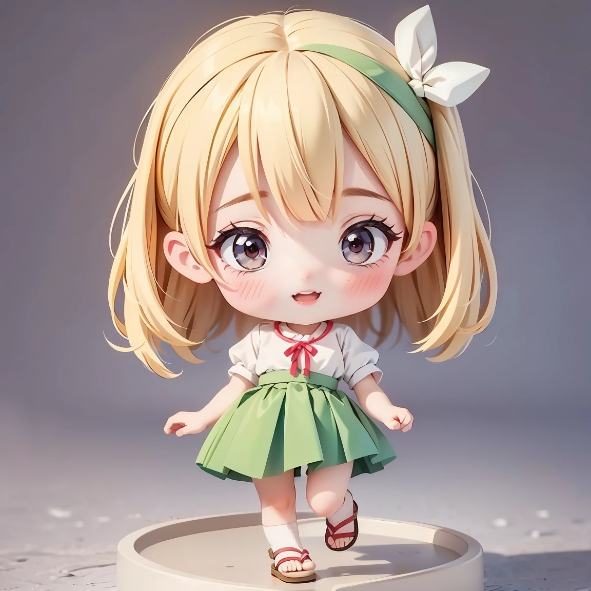  Super Chibi Character：1.8、wearing cute sandals、background：Simple all over、Blonde Hair、Cute 7 year old girl、Random cute outfits、Short legs、Sandals with ribbon、Dancing happily、Dancing happily