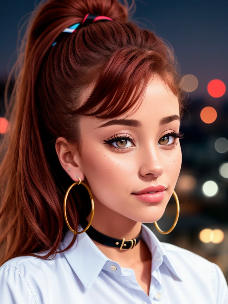 photo of arianagrande-1760:0.99, ((closeup, portrait):1.2), (on a rooftop, nighttime, at night, fireworks), lipstick, ((collared shirt, dress shirt)),(red hair),(choker), (best quality) ((detailed eyes, detailed face, detailed skin):1.2), smile, (masterpiece:1.2) (photorealistic:1.2) (best quality) (intricate details) (8k) (HDR) (cinematic lighting) (sharp focus), (looking at the camera:1.1), hoop earrings