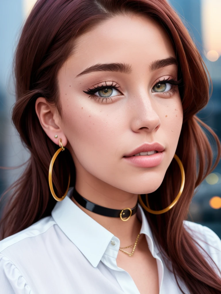 photo of arianagrande-1760:0.99, ((closeup, portrait):1.2), (on a rooftop, nighttime, at night, fireworks), lipstick, ((collared shirt, dress shirt)),(red hair),(choker), (best quality) ((detailed eyes, detailed face, detailed skin):1.2), smile, (masterpiece:1.2) (photorealistic:1.2) (best quality) (intricate details) (8k) (HDR) (cinematic lighting) (sharp focus), (looking at the camera:1.1), hoop earrings