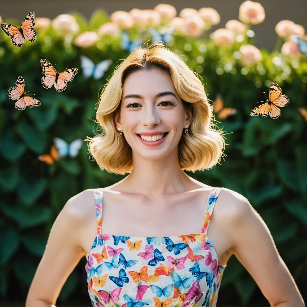A beautiful face cute blonde Japanese woman, still from the film, (Anne Hathaway look alike face: 0.9), happy smile, in a short pattern summer dress, 3D render, playing with a butterfly, symmetry, vivid pastel colors, Leica SL3, Summicron-SL 75 f/2 ASPH, Kodak Gold 200 film, silhouette, shallowed depth of field, dynamic hands up,