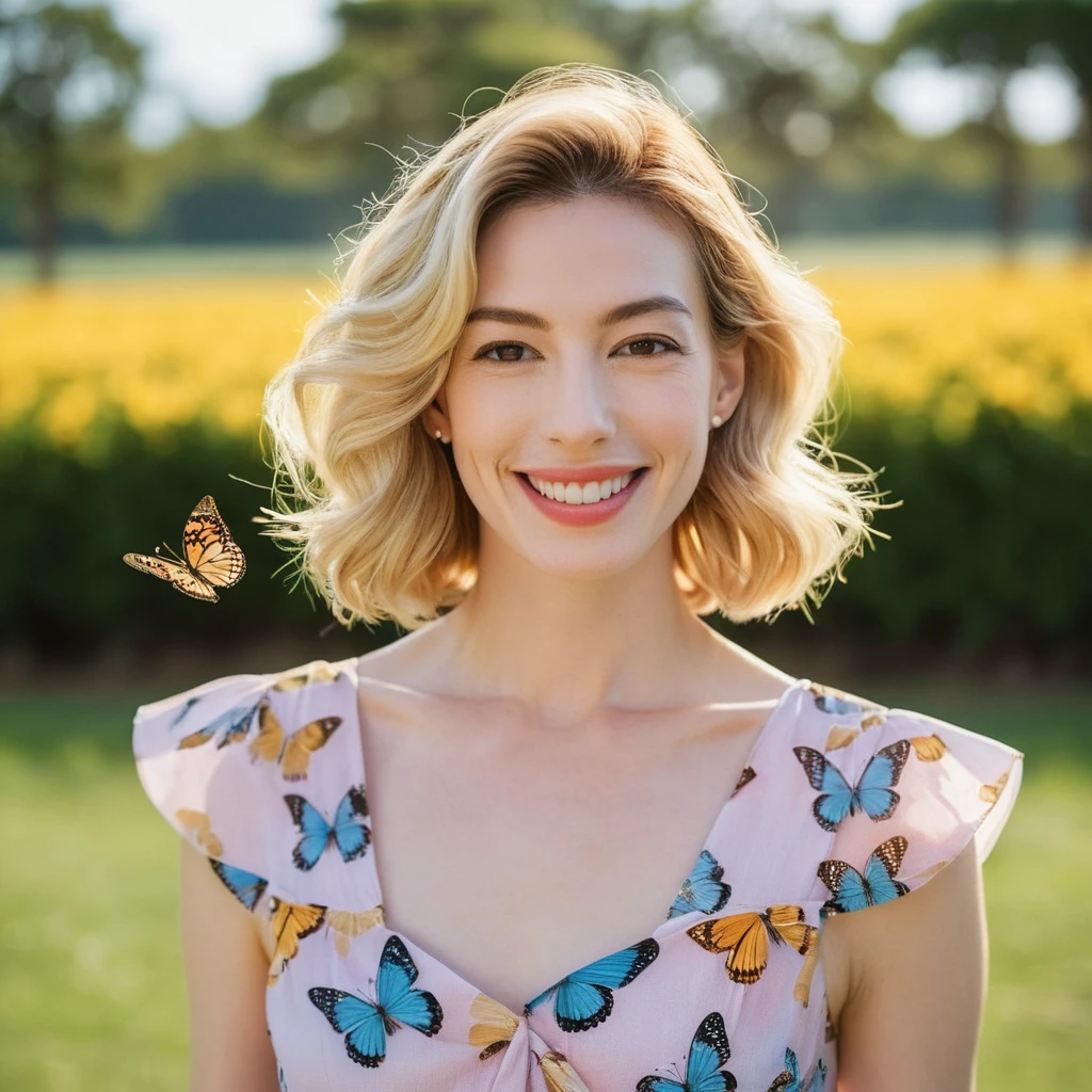 A beautiful face cute blonde Japanese woman, still from the film, (Anne Hathaway look alike face: 0.9), happy smile, in a short pattern summer dress, 3D render, playing with a butterfly, symmetry, vivid pastel colors, Leica SL3, Summicron-SL 75 f/2 ASPH, Kodak Gold 200 film, silhouette, shallowed depth of field, dynamic hands up,