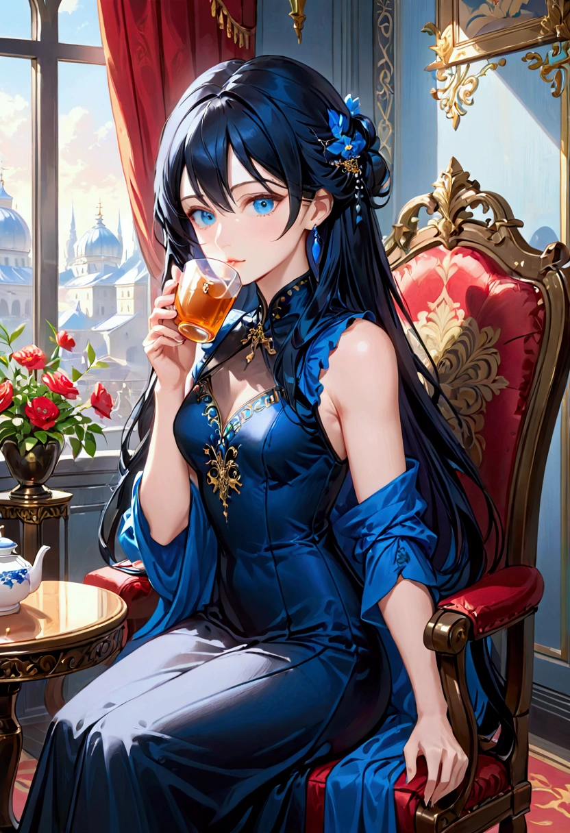 Adult female,long black hair with inner blue hair, blue eyes,athletic body, elegant black dress, noble lady,sitting, drinking tea
