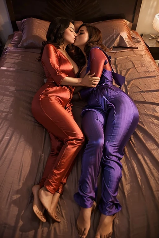 (((Two Curvy bhabhi in satin jumpsuit salwar lying down))), (((young women))), (((lesbian))), (((kissing))), (((curvy ))), (beautiful), (hugging), (lying on bed), (boobs nipples), (curvy), (cheating) (full body on camera), full body, touching, Silk, passionate, full figure, toned figure,