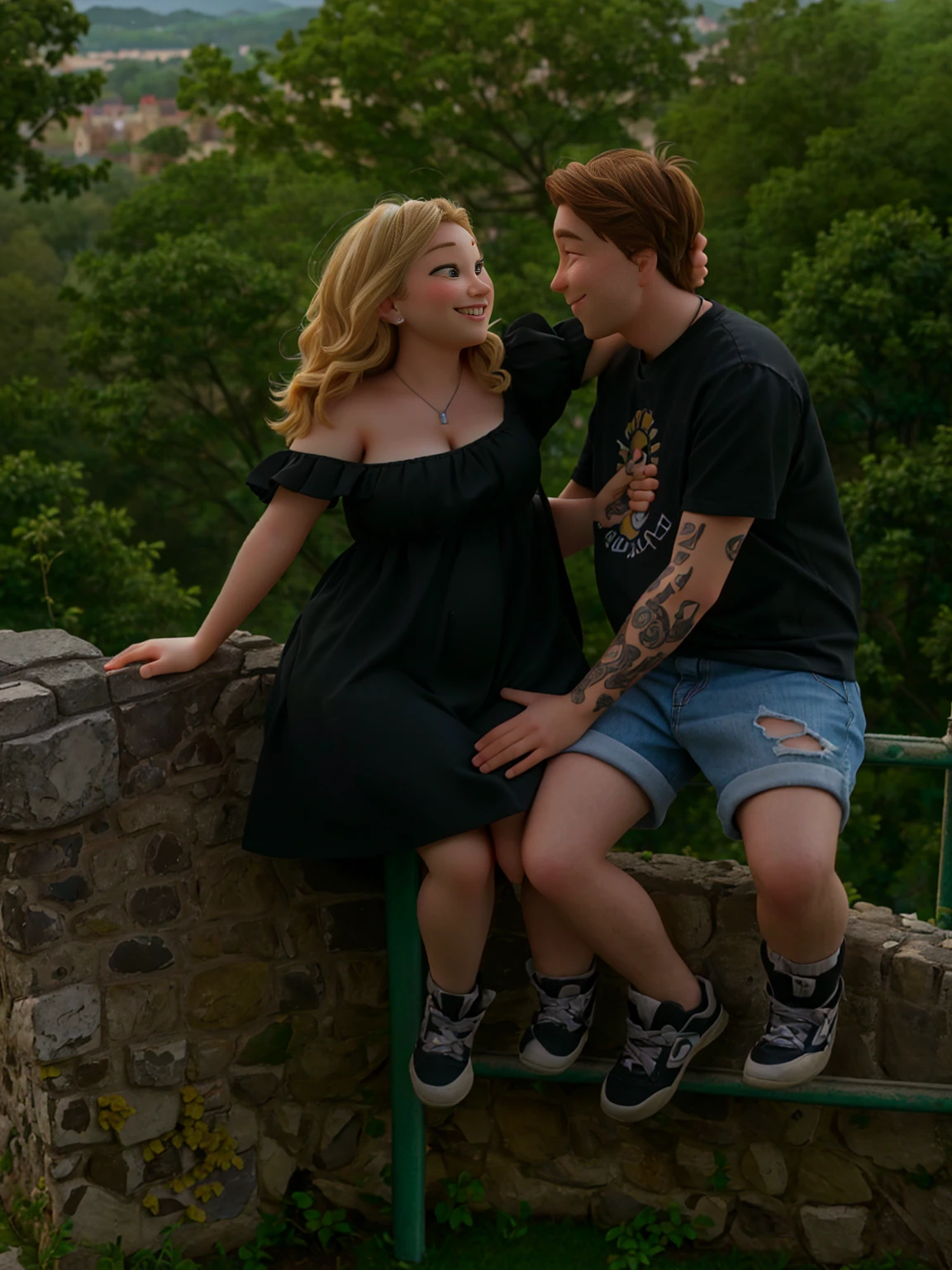 Animated picture (pixarstyle: 1.15), they are sitting on a stone wall and smiling at each other, on a rock, pregnancy, photoshooting, photoshoot, in a castle, photo portrait, on a tree, photo shoot, on a bridge, casual photography, sitting in a castle, couples portrait, on a cliff, lovely couple, portrait shot, they are in love, photo taken with sony a7r, 