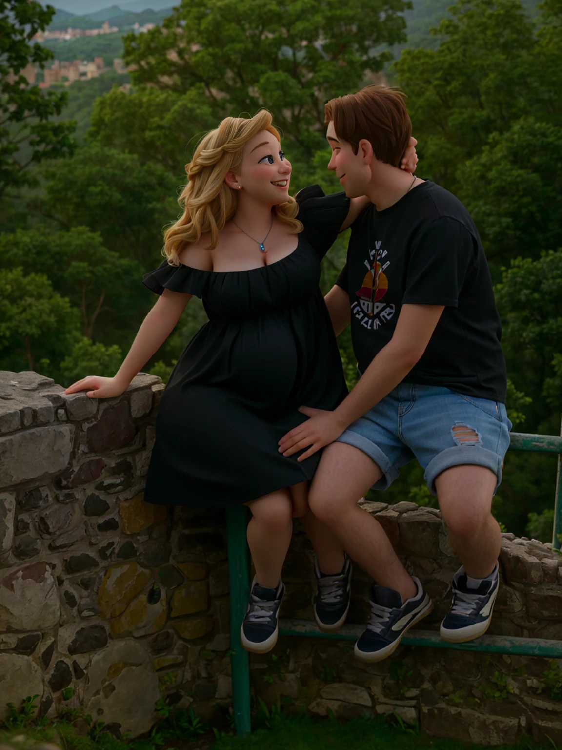Animated picture (pixarstyle: 1.15), they are sitting on a stone wall and smiling at each other, on a rock, pregnancy, photoshooting, photoshoot, in a castle, photo portrait, on a tree, photo shoot, on a bridge, casual photography, sitting in a castle, couples portrait, on a cliff, lovely couple, portrait shot, they are in love, photo taken with sony a7r,