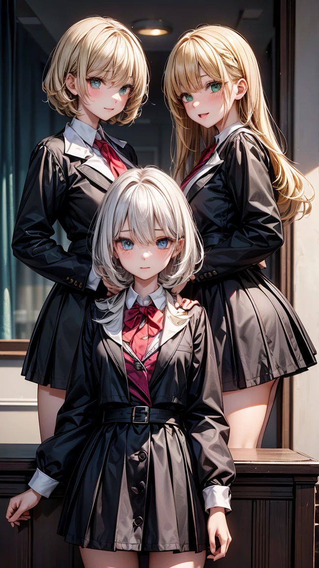 ((3  girls.)) 1 with yellow hair and green eyes. 2 white hair and blue eyes. 3 Red Hair And Red Eyes. The 3 girls are standing. in  clothes. High School College Fund. 
Neg: wrong eye colors, disproportionate eyes, deformed faces, wrong hair colors, facial distortions, cross eyed, misaligned eyes, pixelated hair, incorrect facial proportions, ill-fitting clothes, poor lighting, low quality