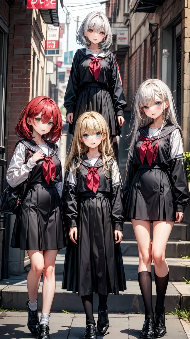 ((3 girls.)) 1 with yellow hair and green eyes. 2 white hair and blue eyes. 3 Red Hair And Red Eyes. The 3 girls are standing. in clothes. High School College Fund.
Neg: wrong eye colors, disproportionate eyes, deformed faces, wrong hair colors, facial distortions, cross eyed, misaligned eyes, pixelated hair, incorrect facial proportions, ill-fitting clothes, poor lighting, low quality