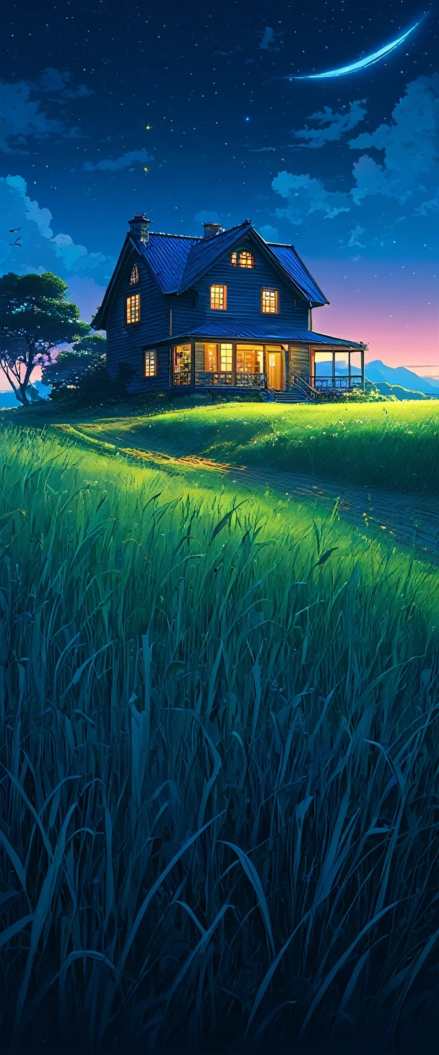 a country house, in the blue night, grassland makoto shinkai cyril rolando, Fondo de pantalla de arte anime 4k, Fondo de pantalla de arte anime, Kilian Eng y Thomas Kinkade, Rob Gonsalves y Tim White., silvain sarriel, Rhads y Thomas Kinkade, inspirado en RHADS, cyril rolando and m.w kalut, cyril rolando and m. w kalut, rhads!!!