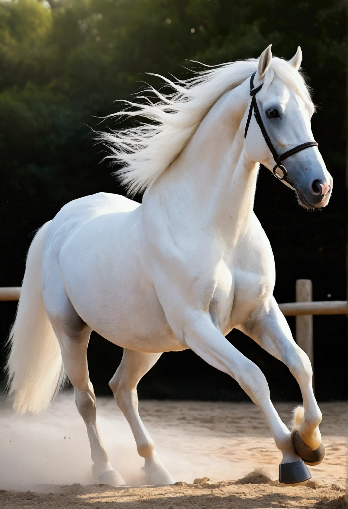Tide play image,(((A white cartoon horse))), ,The long white hair is flying,A mischievous expression,High quality reality,black eyes,flight ,High quality pictures,Sony single lens,mid range shooting,soft light,masterpiece