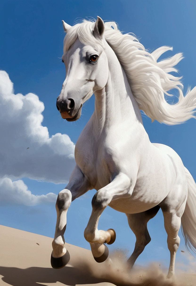 Tide play image,(((A white cartoon horse))), ,The long white hair is flying,A mischievous expression,High quality reality,black eyes,flight ,High quality pictures,Sony single lens,mid range shooting,soft light,masterpiece