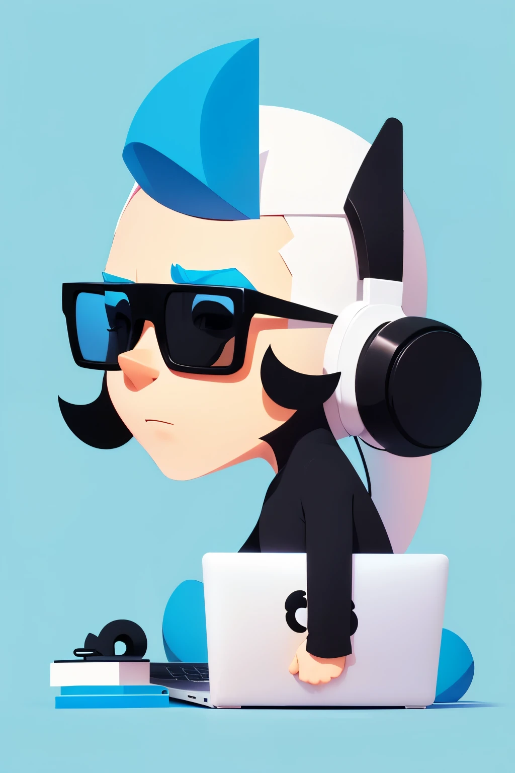 A minimalist logo featuring a playful, stylized animation character, with clean lines and bright colors, set against a simple, solid background. The character should be engaging and easily recognizable even at small sizes, reflecting the fun and creative nature of animation." Give him macbook he is working on with black glasses on his eyes