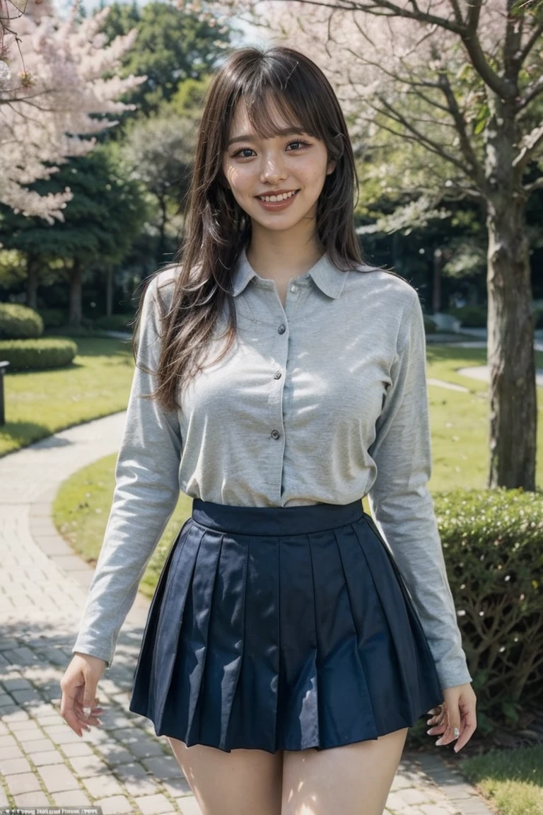 (Highest quality、Tabletop、8k、Best image quality、Award-winning works)、1. high school girl、、(alone:1.1)、Perfect beautiful composition、(Big Breasts:1.2)、(Accentuate your body lines:1.1)、Voluptuous body、(Navy Pleated Skirt:1.1)、(Standing in the park:1.1)、(Thick legs:1.2)、(The biggest smile is looking at me:1.1)、(Smiling with perfect beautiful teeth:1.1)、(Beautiful park background with strong blur:1.1)、The most natural and perfect beauty park、Perfectly maintained park、Standing Elegantly、Natural Makeup、(美しいThick legs:1.2)、Ultra-high definition beauty face、Ultra HD Hair、Ultra HD Shining Eyes、(Ultra-high resolution glossy skin:1.1)、Super high quality glossy lip、(Accurate anatomy:1.1)、(very bright and vivid:1.1)、Cherry tree in the distance、Flipping up her skirt to show her underwear