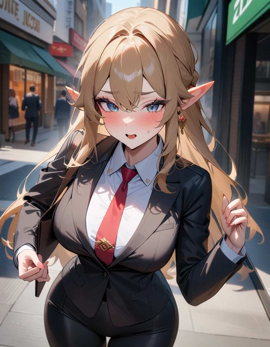 Elf Blonde Golden Eyes Headband knitting Long Hair Big Breasts blush Tight fitting black suit Erotic Vibrator Masturbation Obscene lines Squirting Expose Town Eyes are hearts Crowd