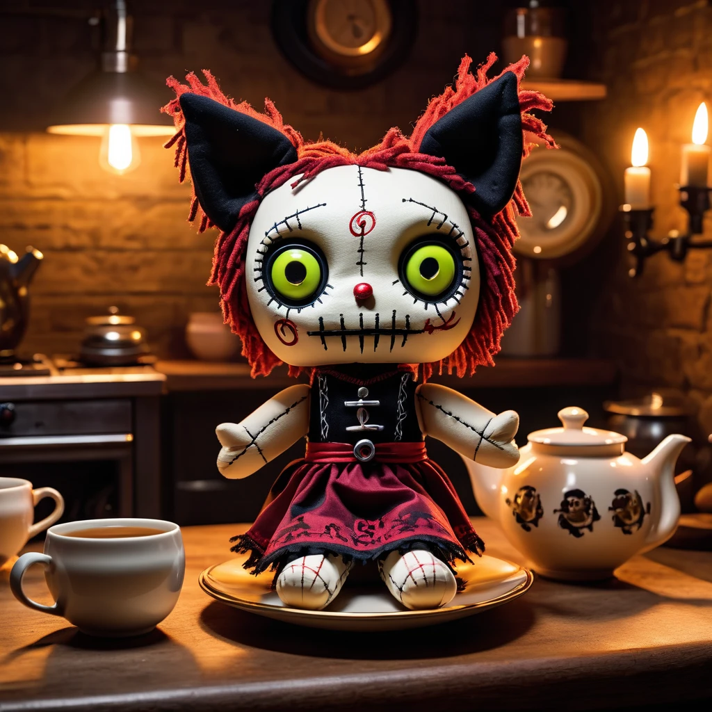 (knitted toy voodoo doll:1.7), (Voodoo Wolf Brewing Cursed Tea:1.3), (Clothing: tattered apron with eerie patterns:1.0), (Accessories: enchanted teapot, glowing sinister teacup:1.2), (background: creepy kitchen with floating, glowing steam and shadows:1.2), (background: creepy bathroom with floating, glowing eerie foam and shadows:1.2), best quality, masterpiece, detailed soft oil painting, detailed background, dramatic cinematic lighting, soft edge lighting, professional, dramatic lighting, hard edge lighting, ultra quality, 4k,masterpiece, best quality, 8k, ultra highres, highres, extremely detailed