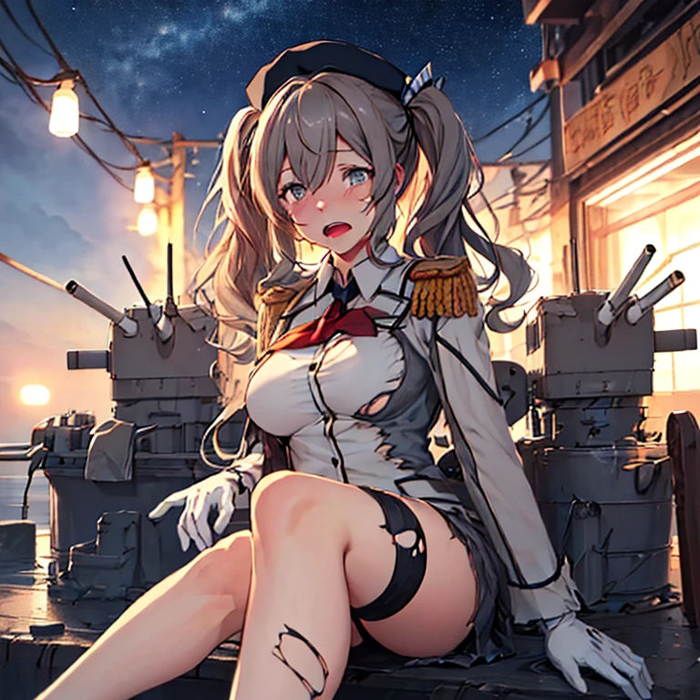 {{kashima (kancolle)}}, blue eyes, medium [[[large]]] breasts, twintails, wavy grey hair, military uniform, dark grey shirt, collared shirt, dark beret, epaulettes, jacket, long sleeves, red neckerchief, pleated grey skirt, white gloves,
kashima_kantaicollection,(masterpiece:1.4),(best quality:1.4), (amazing), (great illustration:1.4), (ultra-detailed:1.4), (art CG, 8K),1girl solo,(torn clothes:1.5),(Scared:1.1),(cry:1.4),sit,on Blue sea, expansive (horizon:1.4),(night:1.4),full body,