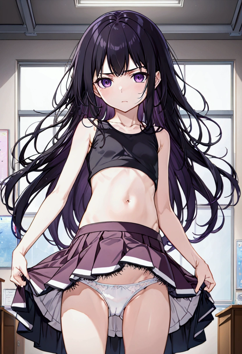 Highest quality,Highest image quality,oto adashino,sleeveless,small breasts,******* girl((**-****-***,small breasts,purple eyes,black hair,long hair,slender,Black short skirt,fluttering hair, Black navel tank top)),nsfw,(Lift up the skirt:1.4),(white panties visible:1.3),(pubic hair:1.2),(cameltoe:1.2),(love juice:0.7), (frown:1.2),(angry:1.2),contemptuous,disdain,(hate:1.3),looking down,elegant,active angle,dynamism pose,from below,bangs,(anime artwork:1.5),in class room,official art,movie,visual art,perfect art,