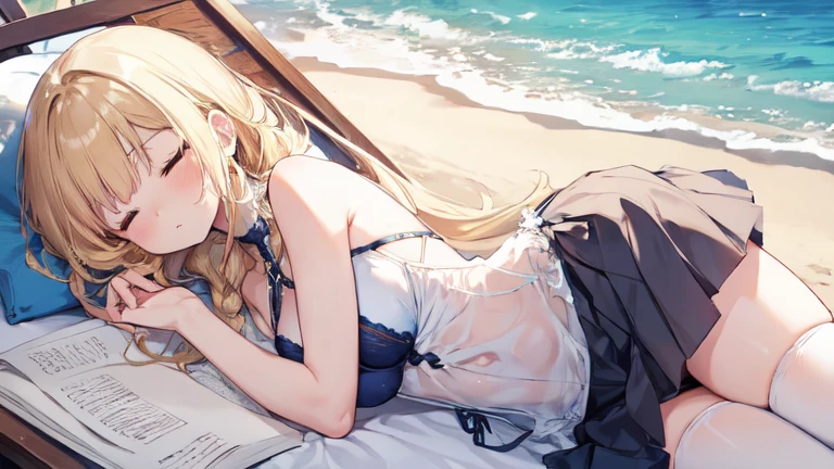 super high quality, Super detailed, Ultra-clear, beach, one person, long blonde hair, sleep, Swimsuit, Clothes with intricate details, mini skirt, Stockings