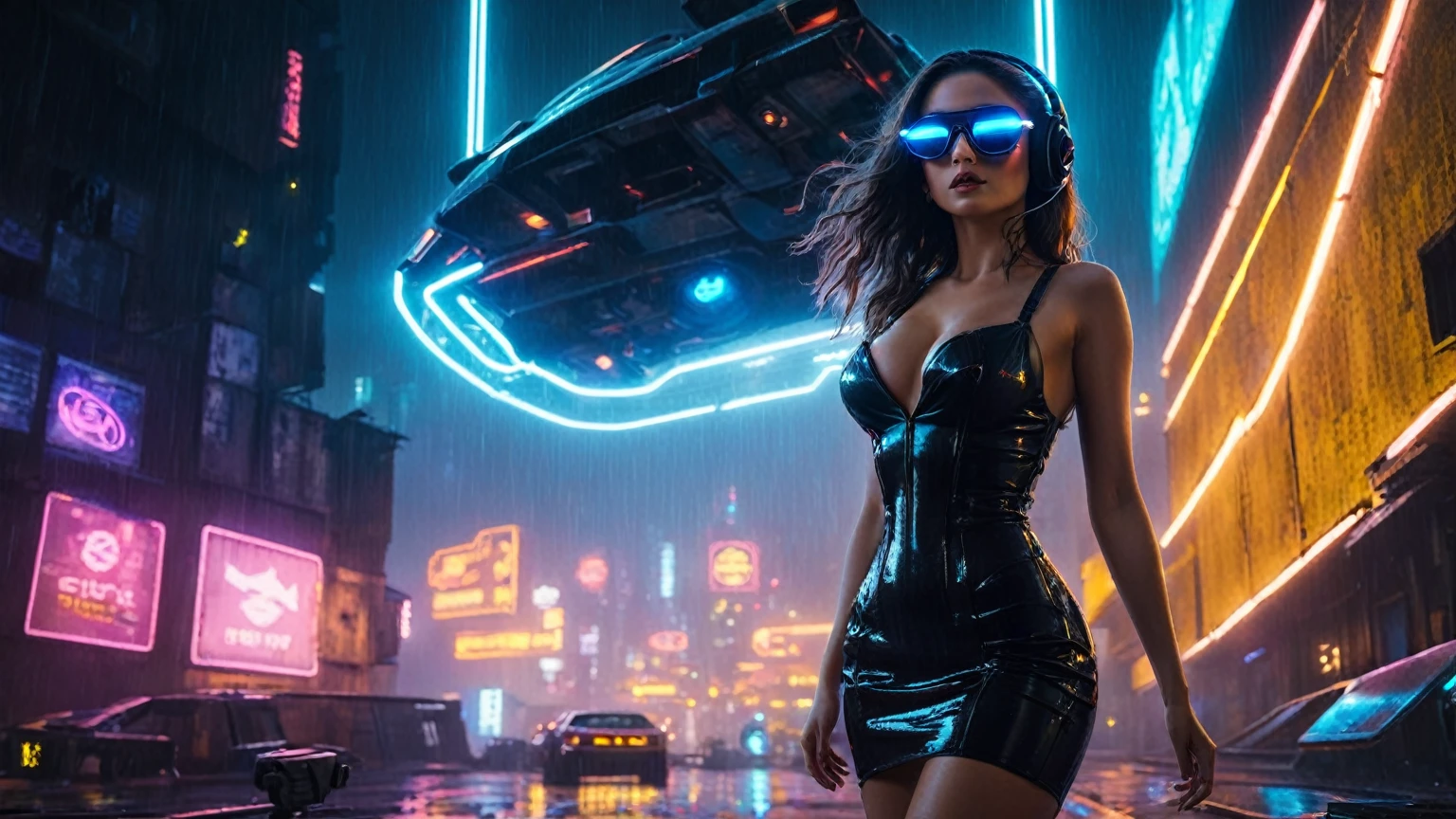 (aerial view, a flying cars docking platform, a very dark abandoned futuristic city, neon lights), rainy night. 1girl, solo, alone, large-breast:1.2 slim body, cleavage:1.1, sexy wind blowing wet dress:1.4, (headphone, black sunglasses), (((((she raised:1.8 a pistol:1.8 and took aim at viewer))))), dynamic pose, (((half-body thigh level medium shot))), cinematic lighting, lens flare, ray tracing.